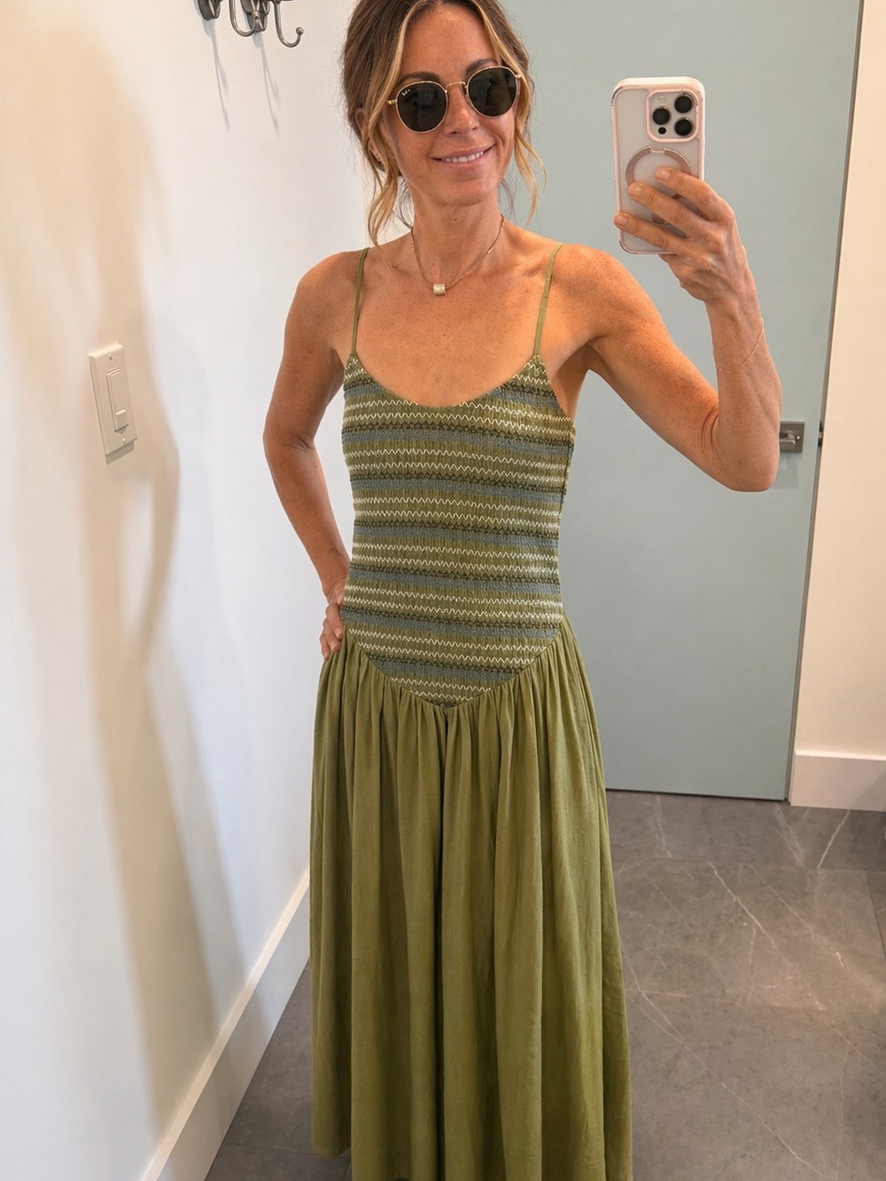 Heartloom Olive Green Striped Knit-Bodice Maxi Dress